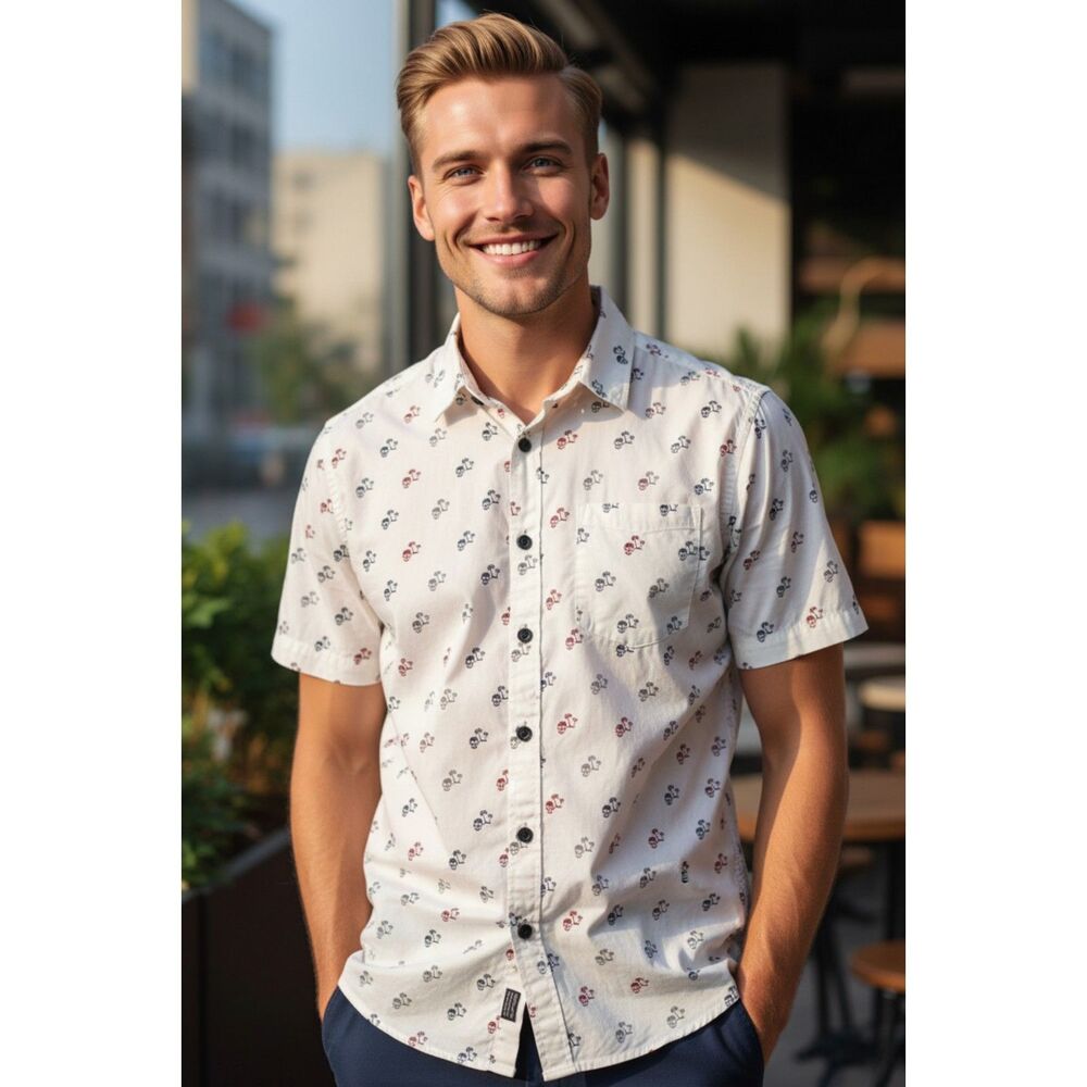 Steve’s Jeans Skulls Palm Trees Halloween White Casual S/S Button-Up Shirt 3X